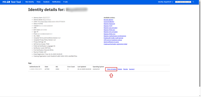 Testbrugerens identitet vises i MitID Test Tool. "Opret simulator"-linket ligger under "App".