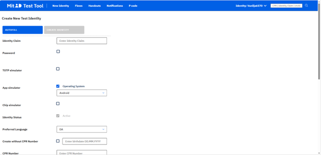 Siden "Create New Test Identity" i MitID Test Tool.