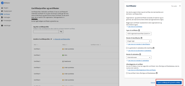 Skærmbillede af ”Certifikater” under ”Opret certifikatprofil”. Knappen ”Opret certifikatprofil og bestil certifikat” ligger nederst i ”Opret certifikatprofil”.