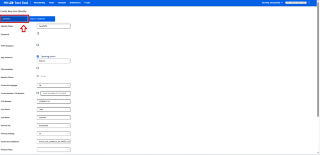 Knappen "Autofill" ligger lige under titlen "Create New Test Identity"