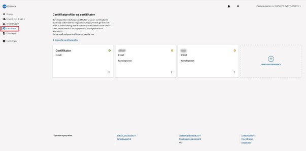 Skærmbillede af siden 'Certifikatprofiler og certifikater' i MitID Erhverv. 'Certifikater' findes i venstremenuen, hvis du tilgår siden fra en pc..