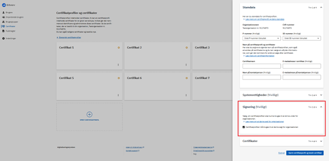 Skærmbillede af menuen ”Signering” under ”Opret certifikatprofil”.
