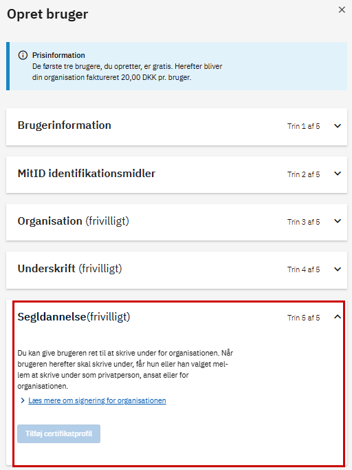 Skærmbillede af menuen ”Segldannelse” under ”Opret bruger”.