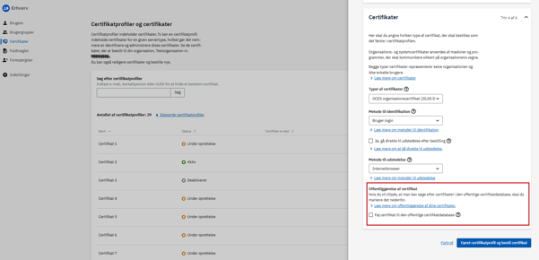 Skærmbillede af ”Certifikater” under ”Opret certifikatprorfil”. Det er frivilligt, men der er mulighed for at tillade, at certifikatet kan søges i den offentlige certifikatdatabase.