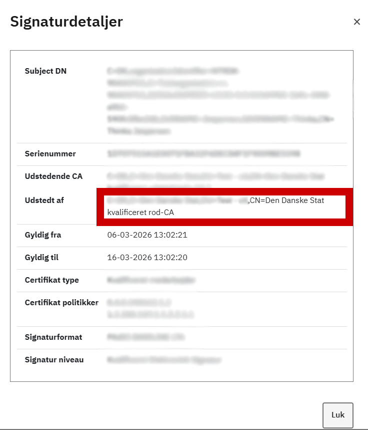 Vinduet "Signaturdetaljer". Der findes et felt, som hedder "Udstedt af".