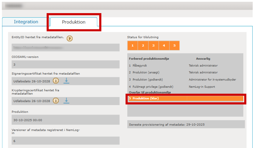 Et it-system er i produktion, hvis det har status "Produktion (klar)" under fanen "Produktion".