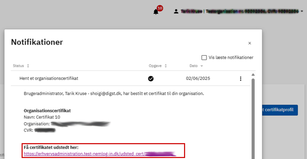 Skærmbillede af notifikationer i MitID Erhverv. Når du har foldet notifikationen ud, finder du linket til at hente certifikatet nederst af notifikationen.