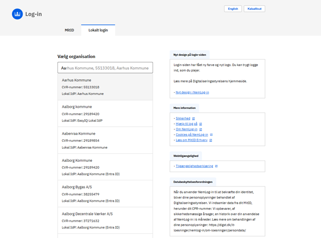 Når du indtaster nogle bogstaver af din organisations navn, kommer der en liste over lokale IdP'er, som passer til din indtastning.
