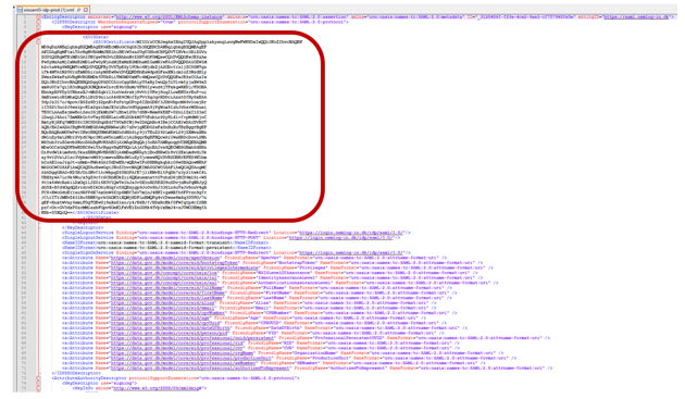 Metadatafilen er åbnet på en computer. Certifikatet ligger mellem <X509Certificate> og </X509Certificate> tags.
