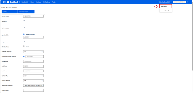 Forside af MitID Test Tool. Søgefeltet ligger øverst på siden.