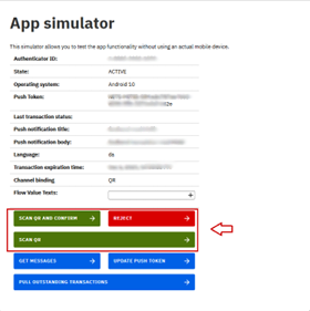 App-simulator, når I er ved at logge ind som testbrugeren. De relevante knapper er synlige, fx "Scan QR
