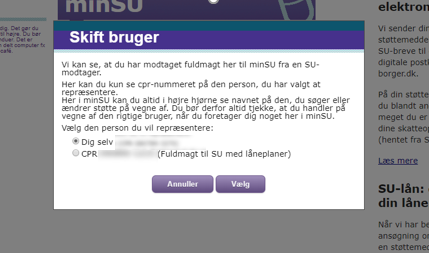 Et popup-vindue, der vises efter login, hvor man vælger, hvem man vil handle på vegne af