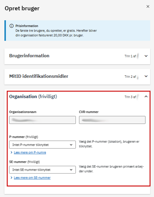 Skærmbillede af menuen ”Organisation” under ”Opret bruger”, hvor du kan vælge P-nummer eller SE-nummer..