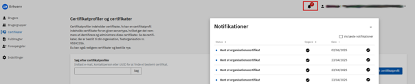 Skærmbillede af notifikationer i MitID Erhverv. Knappen ”Notifikationer” ligger ved siden af dit navn øverst på siden, når du er logget ind på MitID Erhverv.