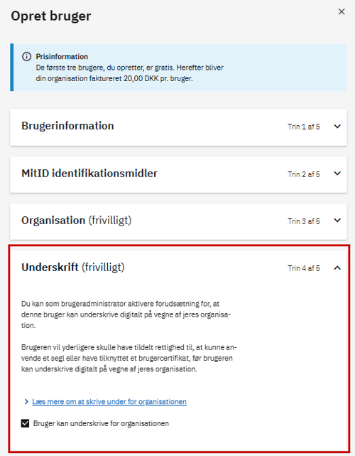 Skærmbillede af menuen ”Underskrift” under ”Opret bruger”. Boksen ”Bruger kan underskrive for organisationen” ligger her.